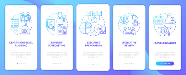 Budgeting process blue gradient onboarding mobile app screen. Walkthrough 5 steps graphic instructions pages with linear concepts. UI, UX, GUI template. Myriad Pro-Bold, Regular fonts used