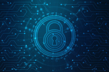 Digital Padlock on abstract technology background, Technology security concept. Modern safety digital background. Protection system, Cyber Security and safety information, personal data concept