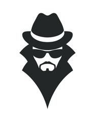 Spy or agent graphic icon. Unknown man in glasses with beard and hat. Graphic sign isolated on white background. Vector illustration