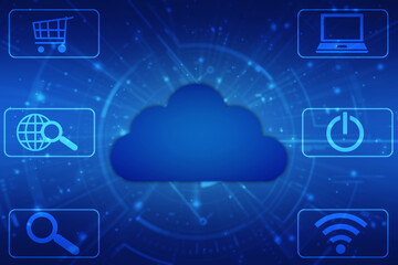 Fototapeta na wymiar 2d illustration of Cloud computing, Digital Cloud computing Concept background. Cyber technology, internet data storage, database and data server concept