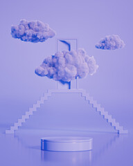 Podium stage stand on surreal doorway with violet clouds on violet background for product placement 3d render