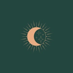 Crescent, sparkles. Geometric, linear art style. Trendy Vector illustration. Isolated round icon. Boho, esoteric, witchcraft, alchemy, mystic, abstract concept. Logo, avatar, poster, print template