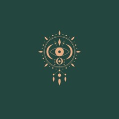 Evil Eye, rays, dots. Minimalism, geometry, linear style. Trendy Vector illustration. Isolated icon. Boho, esoteric, witchcraft, alchemy, mystic, abstract concept. Logo, avatar, poster, print template