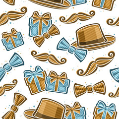 Vector Father's Day seamless pattern, square repeating background with set of cut out illustrations of brown mens hat, bow tie, blue gift boxes and cartoon mustache for fathers day on white background