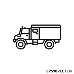 Four-wheel drive military truck vector line icon