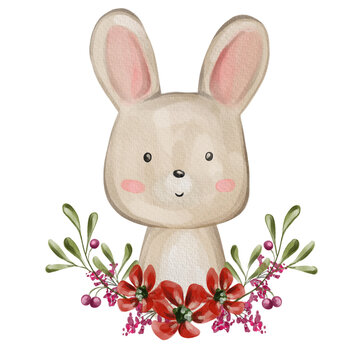 Cute little rabbit portrait. Hand drawn nursery illustration
