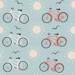 Naklejka premium cute cartoon abstract red and white bicycle seamless vector pattern background illustration with sun and birds silhouette