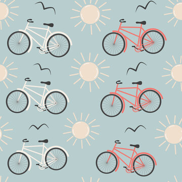 cute cartoon abstract red and white bicycle seamless vector pattern background illustration with sun and birds silhouette