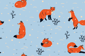 Seamless pattern with cute winter foxes. Vector graphics.