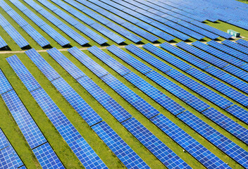 Aerial view of solar panel PV solar farm in England
