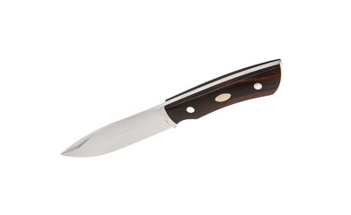 Modern hunting knife with silver blade and rubber handle. Steel arms. Isolate on a white back