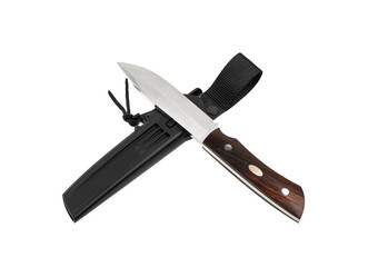 Modern hunting knife with silver blade and rubber handle. Steel arms. Isolate on a white back