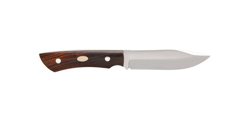 Modern hunting knife with silver blade and rubber handle. Steel arms. Isolate on a white back