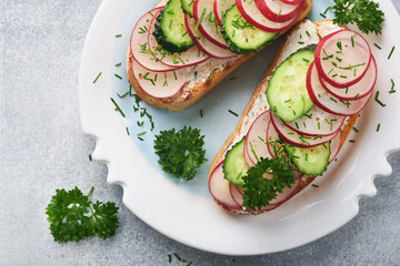 Toast with cheese and radish. Sandwiches with cottage cheese, radish, cucumber and green onions on gray concrete background. Healthy spring sandwiches. Traditional Scandinavian toast. Top view.