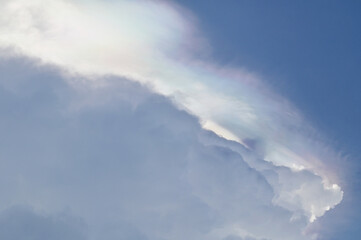 Naklejka na ściany i meble Iridescent Pileus Cloud is a beautiful natural phenomenon floating above The blue sky and white clouds as background and wallpaper. 