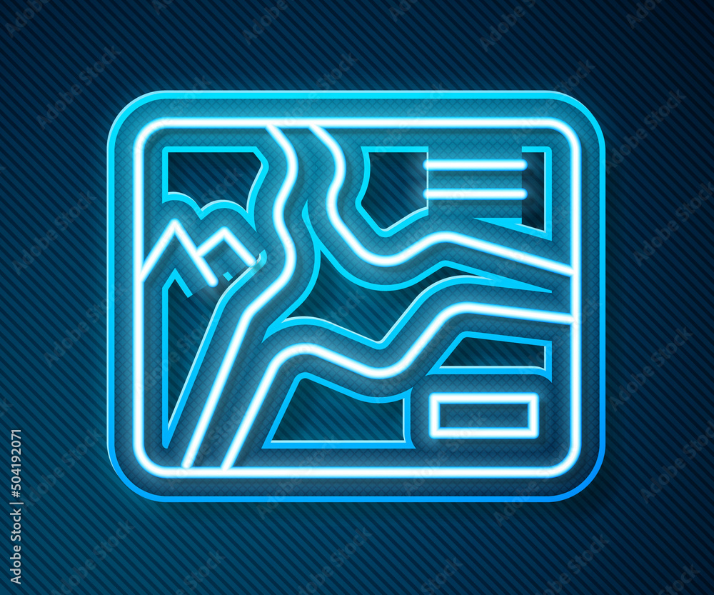 Poster glowing neon line topographic map with route and coordinates icon isolated on blue background. vecto