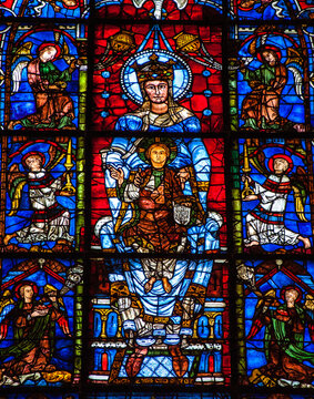 CHARTRES, FRANCE - APRIL 14, 2013: Blue Virgin with Child, a stained glass window in Chartres cathedral. Chartres cathedral was built between 1194 and 1250.