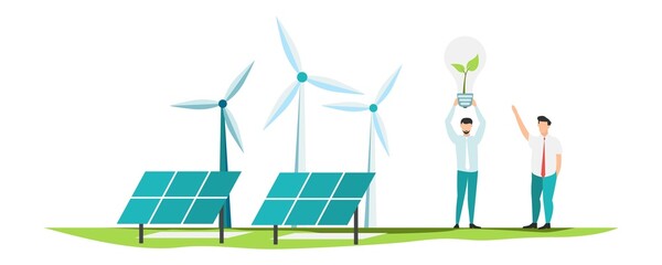 Eco life. Solar panels. People live eco life. Vector.