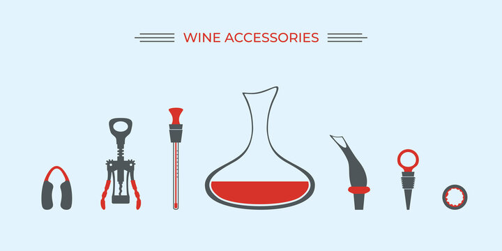 Wine accessories range shape guide set, silhouettes flat vector illustration. Isolated. Measuring temperature wine , uncorking, oxygenating, correctly pouring wine. Sommelier. Corkscrew. Decanter.