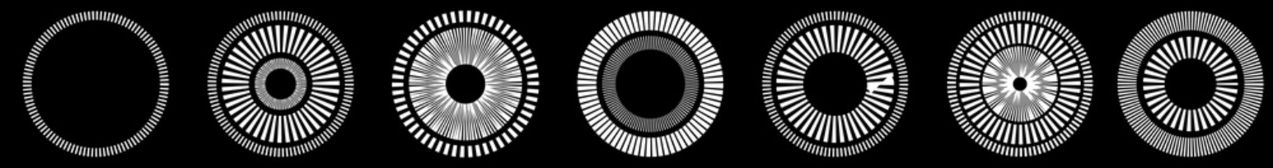 Geometric circle element with dashed lines. Geometric radial, radiating element - obrazy, fototapety, plakaty