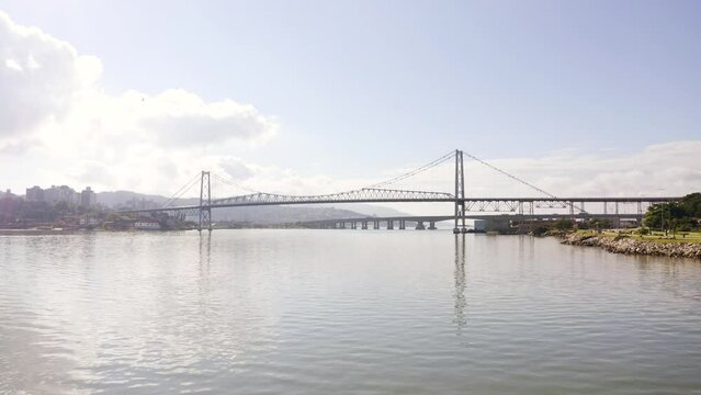 Aerial view of historical hercilio luz bridge, Florian&oacute;polis, Brazil.