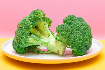Two Fresh and Raw Pieces of Broccoli on White Plate. Uncooked Green Cabbage. Vegan and Vegetarian Culture. Raw Food. Healthy Eating and Vegetable Diet