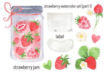 Strawberry jam watercolor illustration. Glass jar of jam, marmalade, confiture. Home preservation. Juicy strawberry, red berries. Summer food illustration