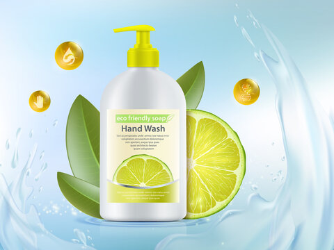 Citrus liquid soap in a plastic bottle with a dispenser