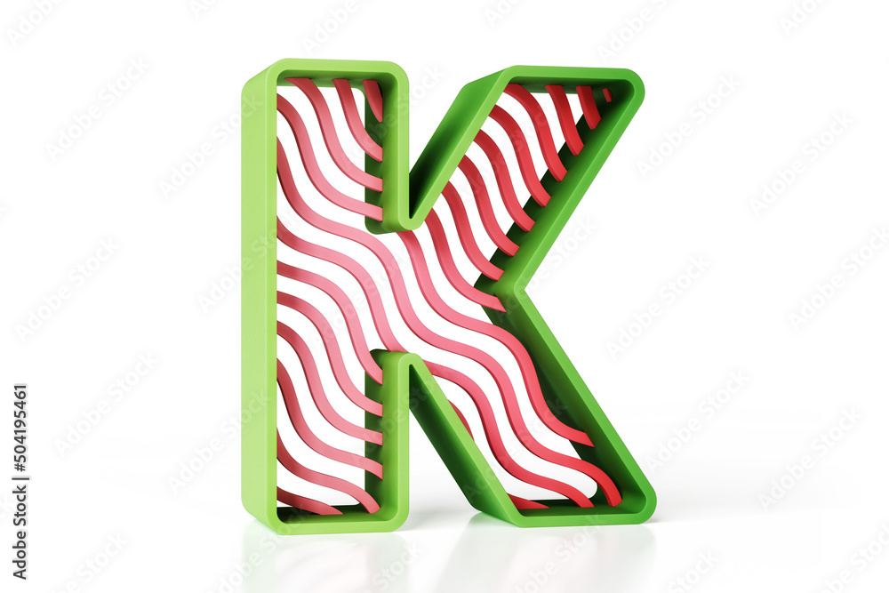 Poster green and red matte 3d uppercase letter k with a wavy line pattern. high resolution alphabet 3d suit