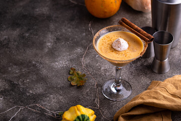 Creamy pumpkin martini cocktail or liquor - obrazy, fototapety, plakaty