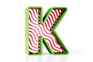 Green and red matte 3D uppercase letter K with a wavy line pattern. High resolution alphabet 3D suitable for headers, posters, advertisements or web projects. 3D rendering design.