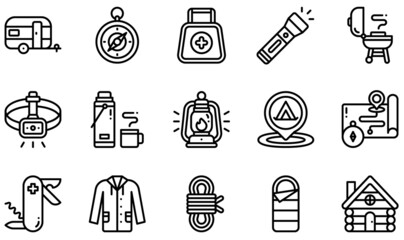 Set of Vector Icons Related to Camping. Contains such Icons as Caravan, Compass, Flashlight, Headlamp, Hot Drink, Lantern and more.