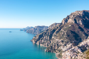 Fototapeta premium Panoramic view from hiking trail Path of Gods between coastal towns Positano and Praiano. Trekking in Lattari Mountains, Apennines, Amalfi Coast, Campania, Italy, Europe. Coastline Mediterranean Sea