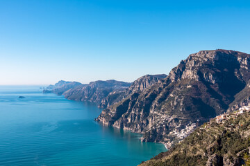 Panoramic view from hiking trail Path of Gods between coastal towns Positano and Praiano. Trekking in Lattari Mountains, Apennines, Amalfi Coast, Campania, Italy, Europe. Coastline Mediterranean Sea