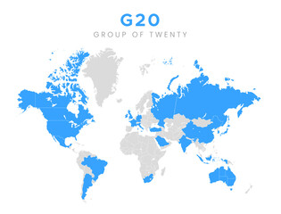 Fototapeta na wymiar Group of twenty countries on world map. G20 infographic isolated on white background. Vector stock
