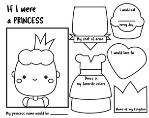 Writing prompt for kids blank. Educational children page. writing skills for toddlers. Princess theme - 504197430