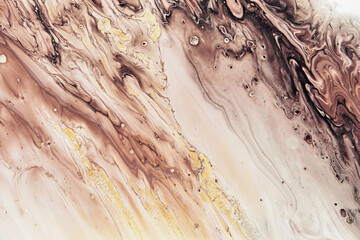 Fluid Art acrylic paints. Abstract mixing brown, black and white waves. Liquid flows splashes....
