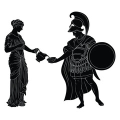 A young slender ancient Greek woman in tunic with a jug pouring water into a bowl for a warrior in armor with a shield. Figure isolated on white background.