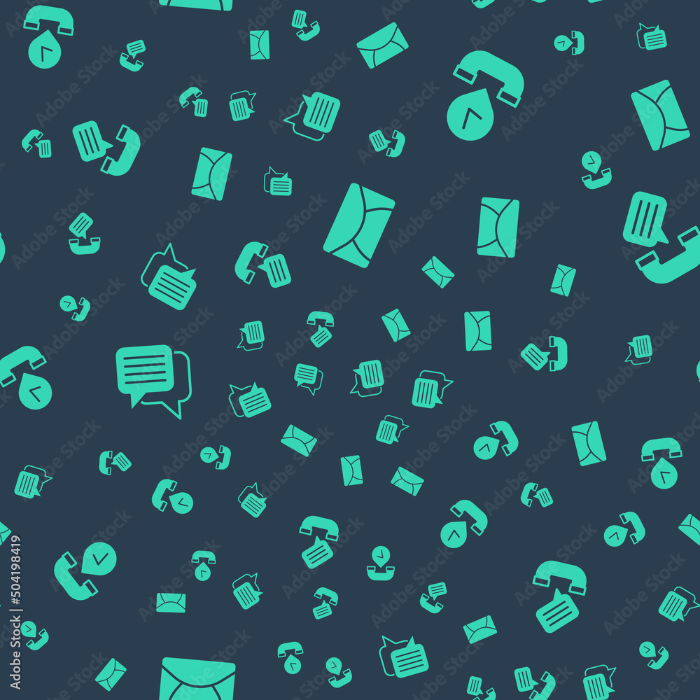 Poster set mail and e-mail, telephone handset, speech bubble chat and conversation on seamless pattern. vec