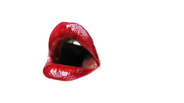 Sexy womans mouth licking lips on white background