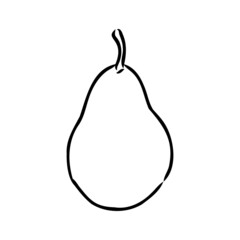 Simple hand-drawn vector black outline drawing. Pear isolated on a white background. Garden fruits, farm products. For prints, labels, markets. Children's coloring.