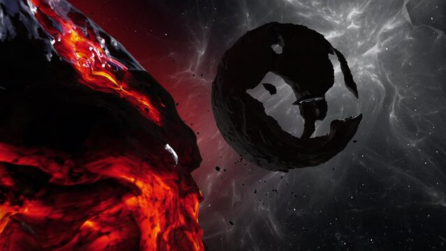 Alien spaceship flying close to dead Earth and moon
3D rendering, cinematic view of ufo Alien spaceship close to dead erth and moon with lava


