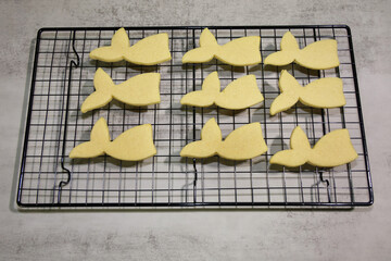 Sugar cookies in the shape of a mermaid tail for decorating with royal icing.