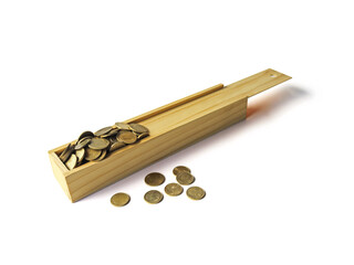 A wooden box filled with gold coins.