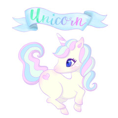 Cute unicorn vector illustration with logo and blue ribbon.