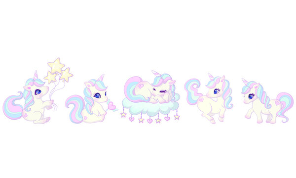 Cute unicorn vector set. Kawaii baby unicorn with cloud and stars and heart items.