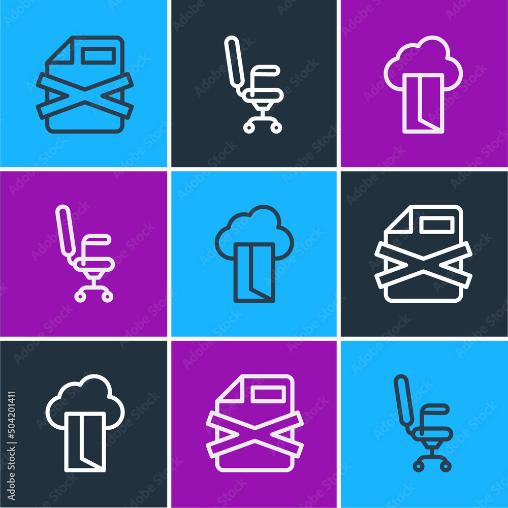 Poster set line delete file document, cloud database and office chair icon. vector