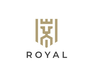 Obraz premium Royal king lion logo mark. Abstract gold leo crown icon. Luxury bold business brand identity emblem. Vector illustration.