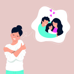 Vector characters. The girl hugs herself and smiles. Tender memories of family and parents. Colored flat illustration.