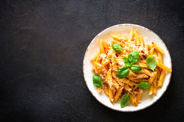 Italian pasta with tomato sauce, parmesan cheese and basil on dark table. Top view with space for design.